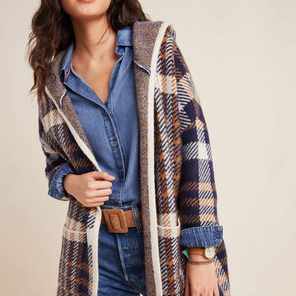 NVLT Anthropologie Ali Windowpane Sweater Coat Jacket Blue Brown Tan Plaid